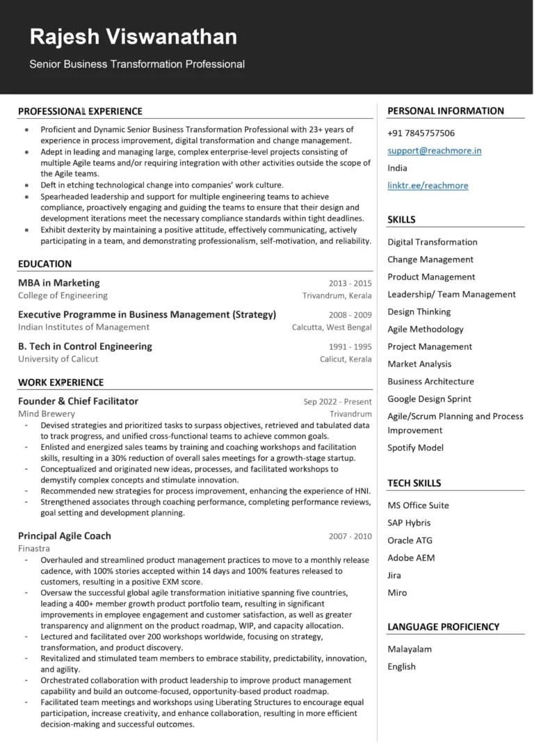 Agile coach resume sample