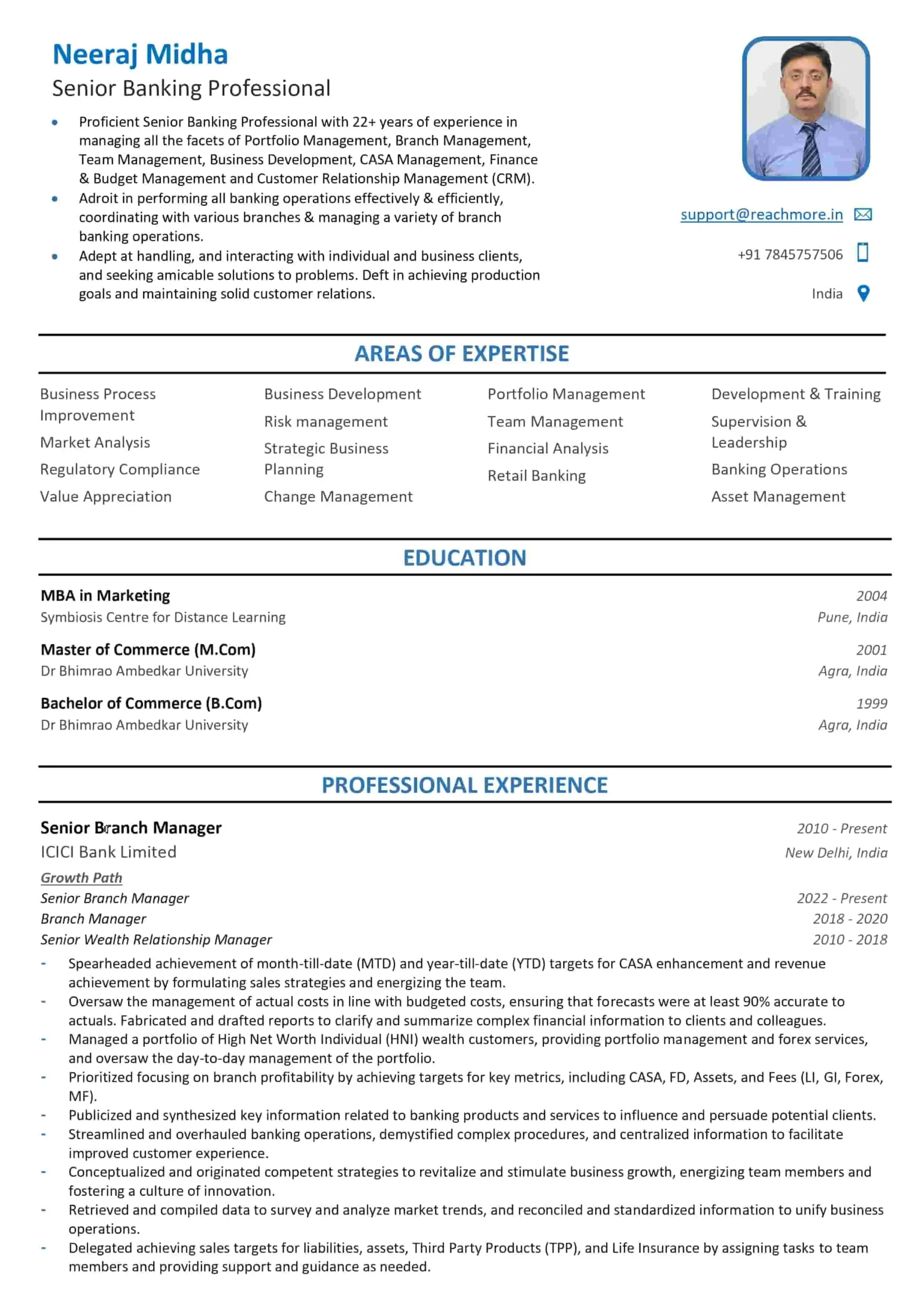 senior branch manager resume sample