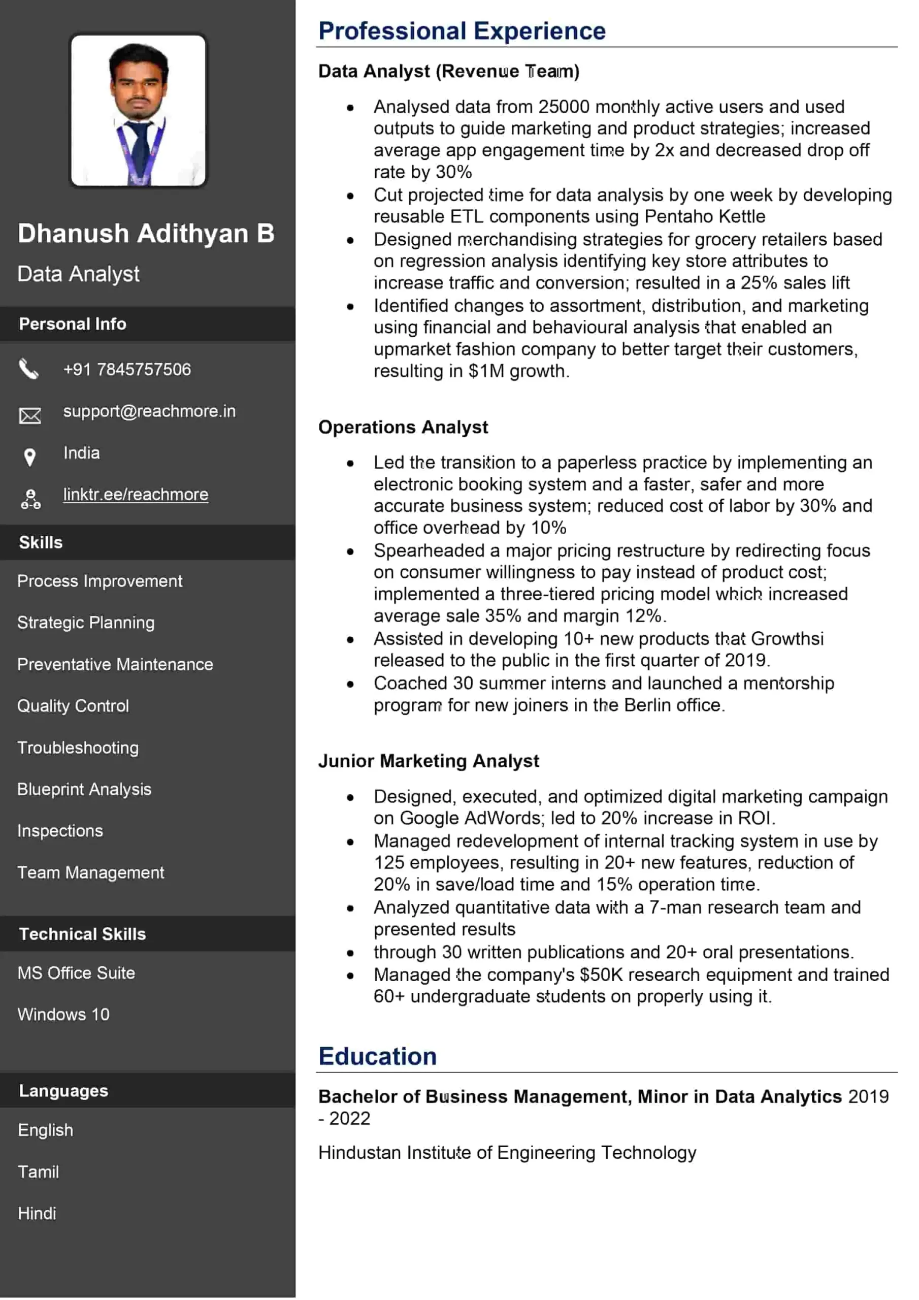 data analyst resume sample